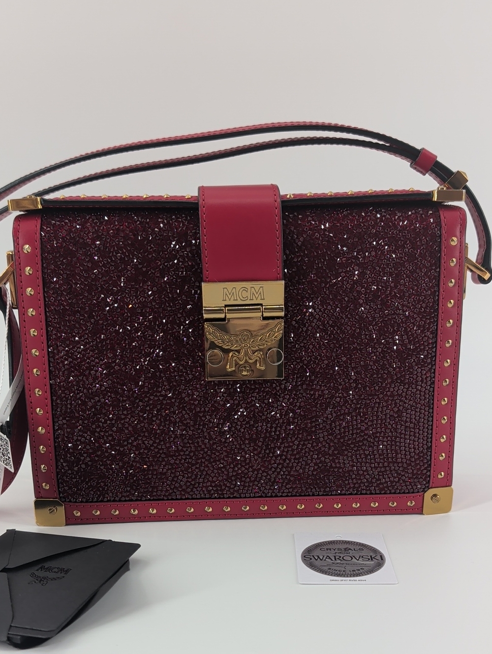 MCM Burgundy Crystal-Embellished Crossbody Bag with Gold Hardware